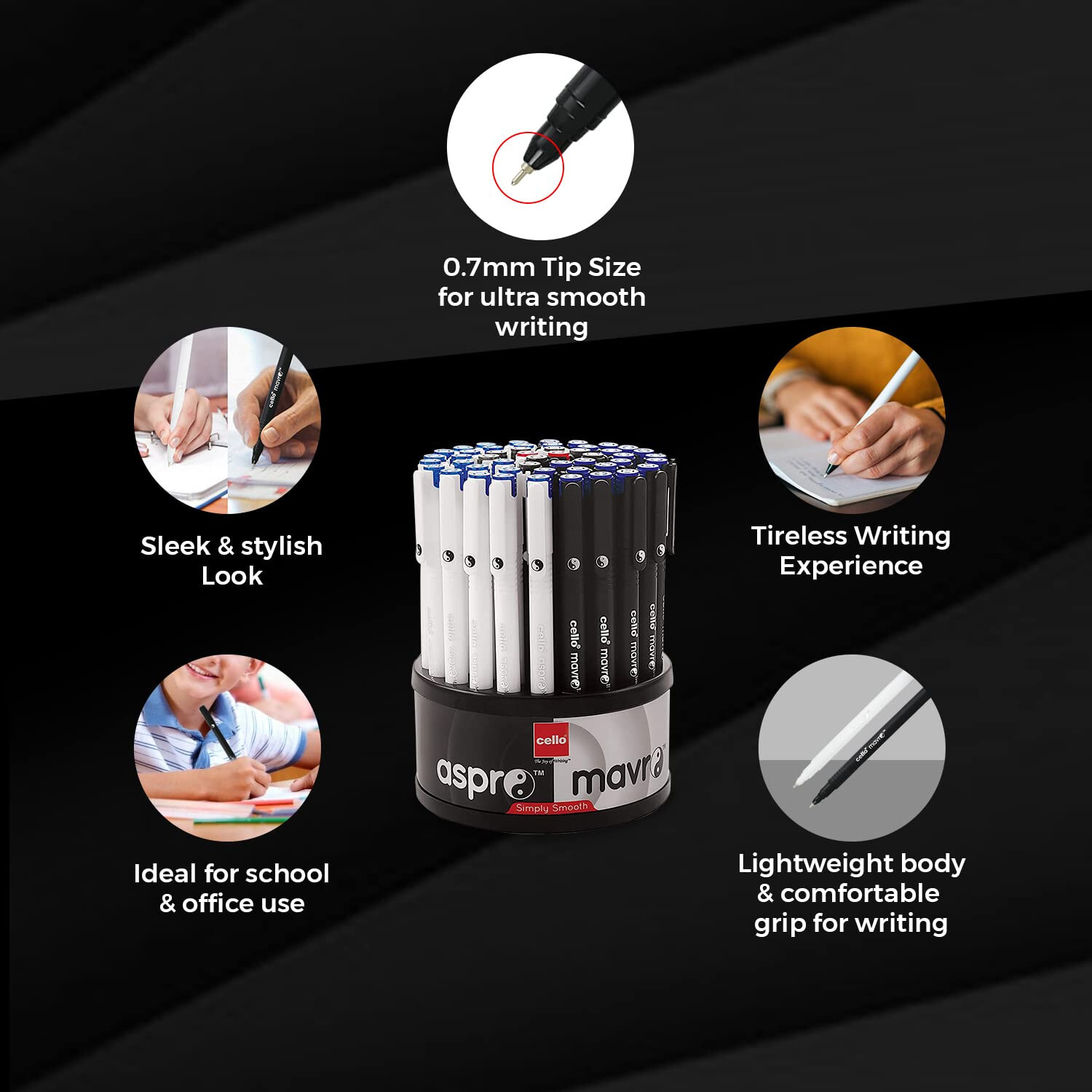 Cello Aspro Mavro Black Ball Pens, Lightweight and Stylish for Adults