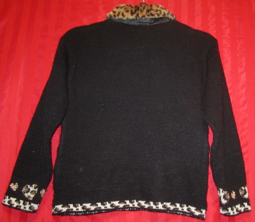 Girl's HeartWorks Vintage Cat Lover Leopard Print Collar 1/4 Zip Sweater Black L - Picture 7 of 8