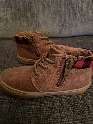 Old Navy Toddler Boys Suede Brown Red Black Checkered Zip Up Shoes Sz 6 - Picture 4 of 8