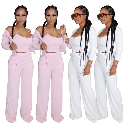 Summer Women Strap Crop Top Coat Long Pants Three-Piece Outfits Co Ord Set Suit