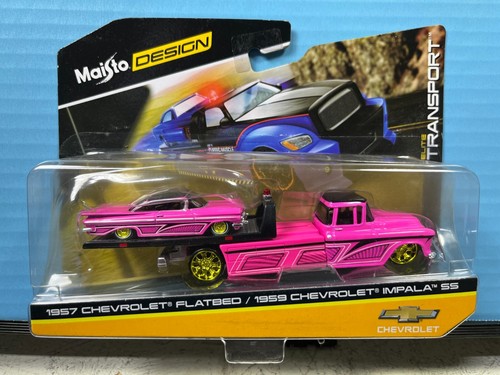 1/64 MAISTO TRANSPORTER 1957 CHEVROLET FLATBED & 1959 IMPALA COUPE PINK