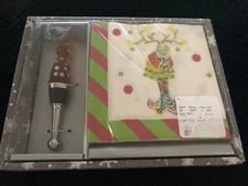 Christmas Wine Bottle Stopper Cork Glass Rudolph Reindeer napkin gift set NEW