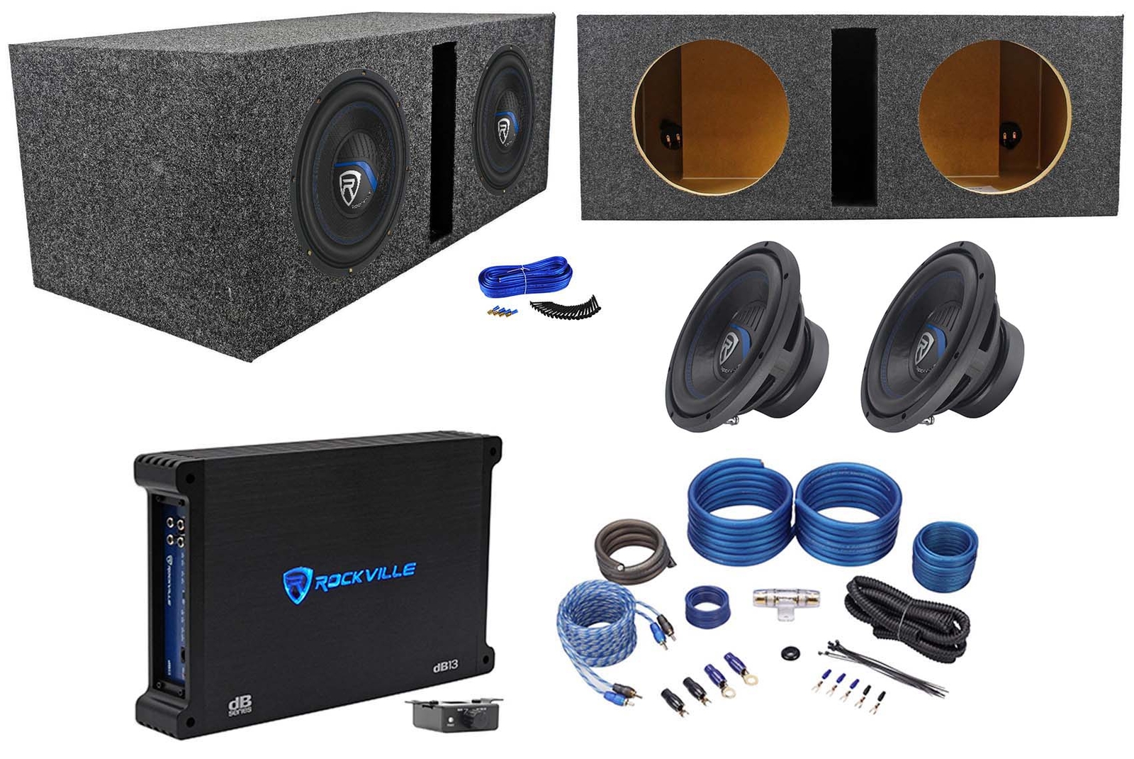 2 Rockville K5 W10K5S4 10 сабвуферов мощностью 1200 Вт Вентилируемый сабвуфер Моноусилитель Провода 51090₽