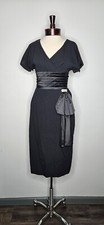 Vintage 50s 60s Black Rayon Little Black Dress Satin Sash Cocktail