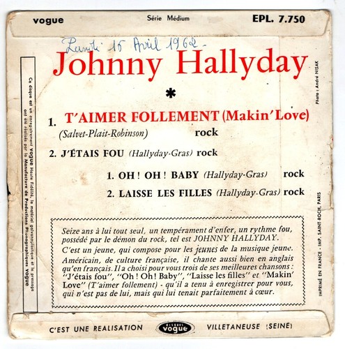 Johnny Hallyday - 1er 45 T EP T'aimer Follement (1960) - Picture 2 of 7