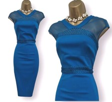 Karen Millen Peacock Blue Sheer Tapework Pencil Wiggle Occasion Dress UK 12
