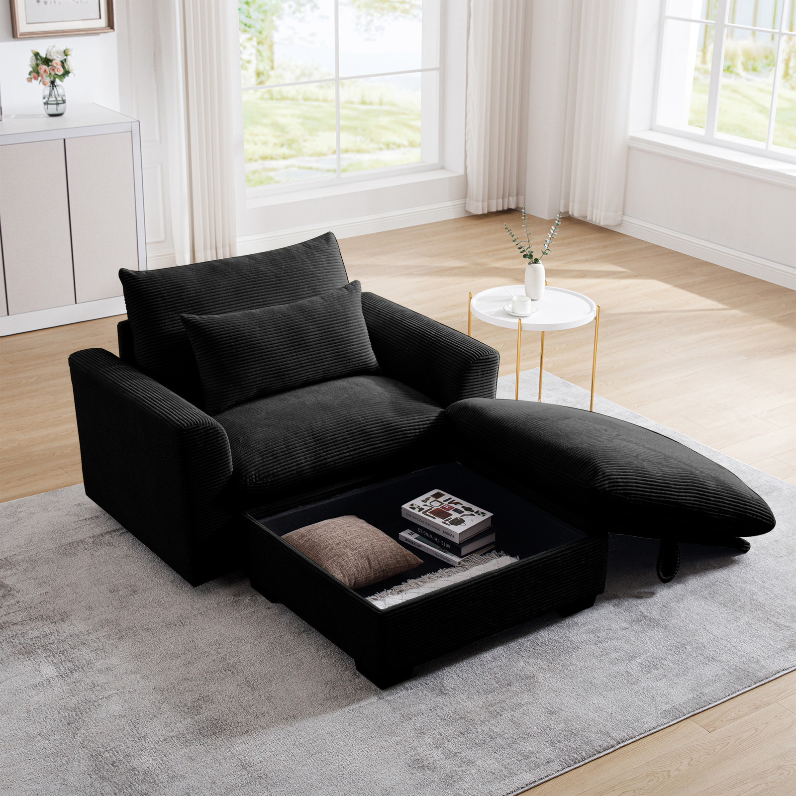 Black Corduroy Modular Sofa with Storage Ottoman and Deep Seat