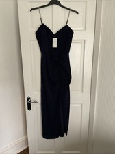 NWT - Ladies QUIZ Navy Diamonte Strap Gathered Split Front Evening Dress UK 16