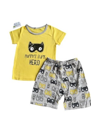 Boys Pajama Set Superhero Cat Print Short Sleeve Yellow Gray Size 120