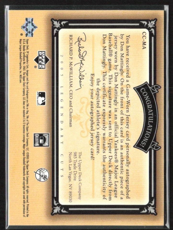 Camiseta deportiva Don Mattingly 2005 SP Legendary Cuts Classic Careers Auto/25 #CC-MA nueva Foto 2 de 3