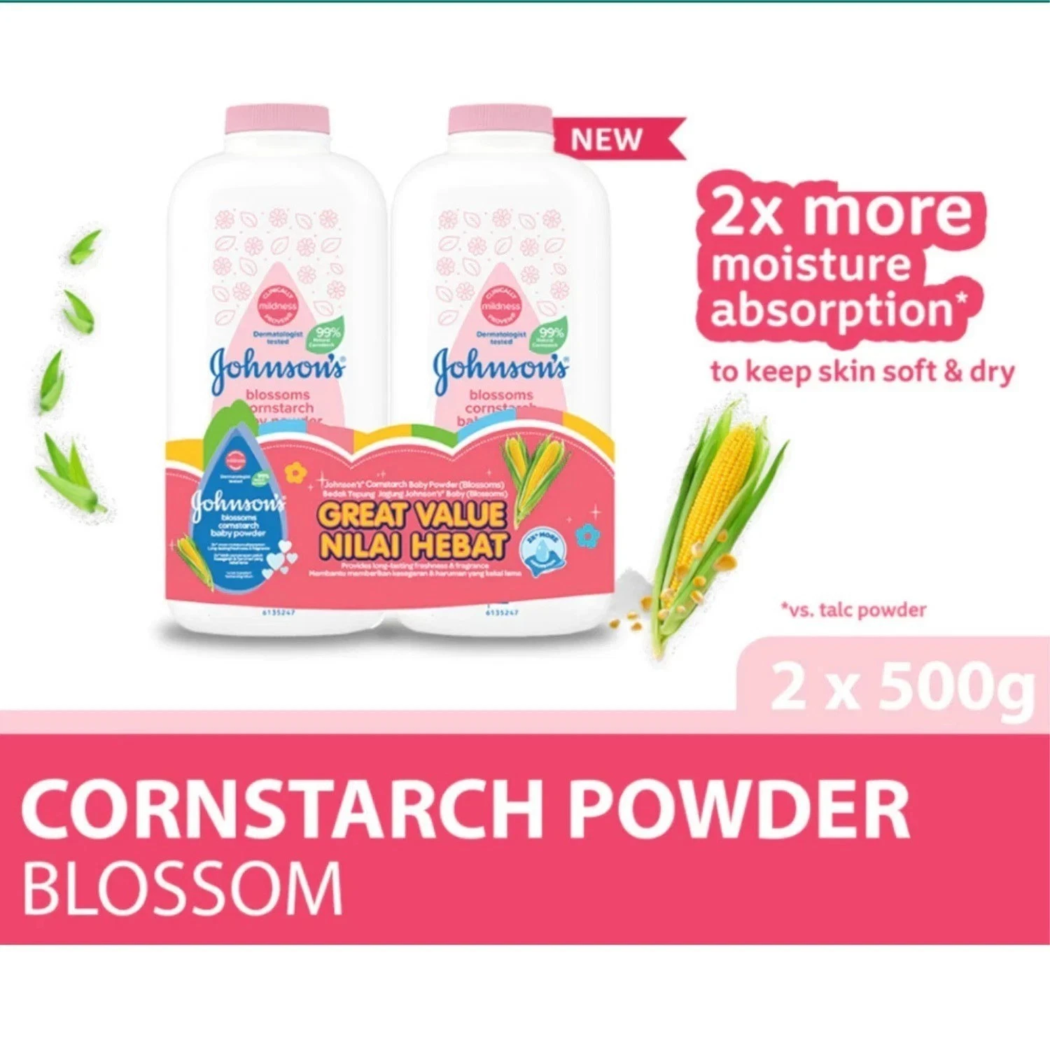 New 2 x Johnson’s Baby Powder Blossom Cornstarch 500g Each – Free Shipping