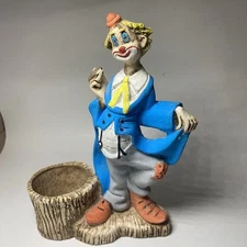 Carved Clown Figurine Driftwood Hand Painted Folk Art Signed VTG
