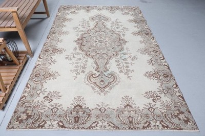 Turkish Large Rug 5,4x9,1 ft (166x276 cm), Vintage Brown Floral Wool Rug
