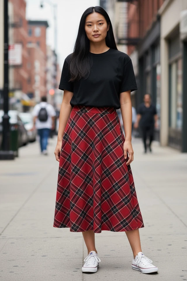 Maxi Falda Midi Rojo Tartán Cuadros Fiesta de Navidad Vacaciones 16W Cremallera Forrada Elástica Foto 3 de 4