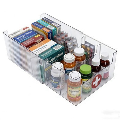 Expandable Medicine Cabinet Organizer, Clear Storage Bin with Removable Divid...
