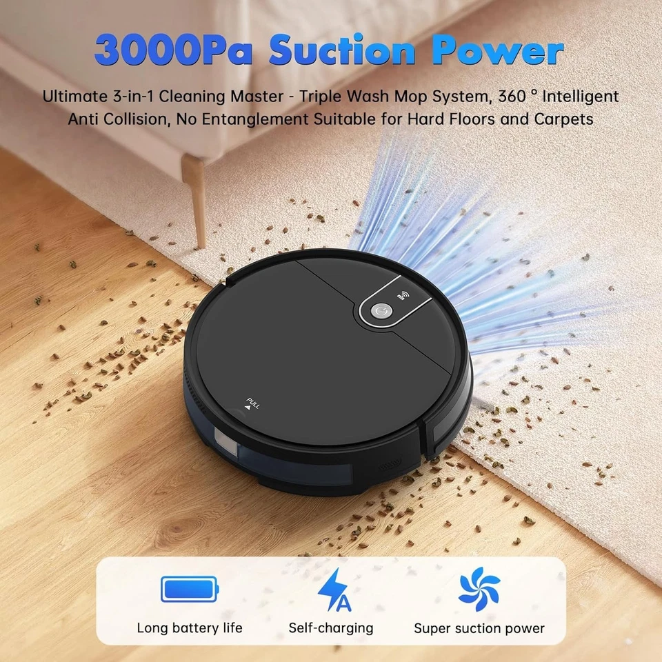 Compact 3000Pa Robot Vacuum with Mopping, 120 Mins Runtime, Wi-Fi/App Remote - Image 4 of 4