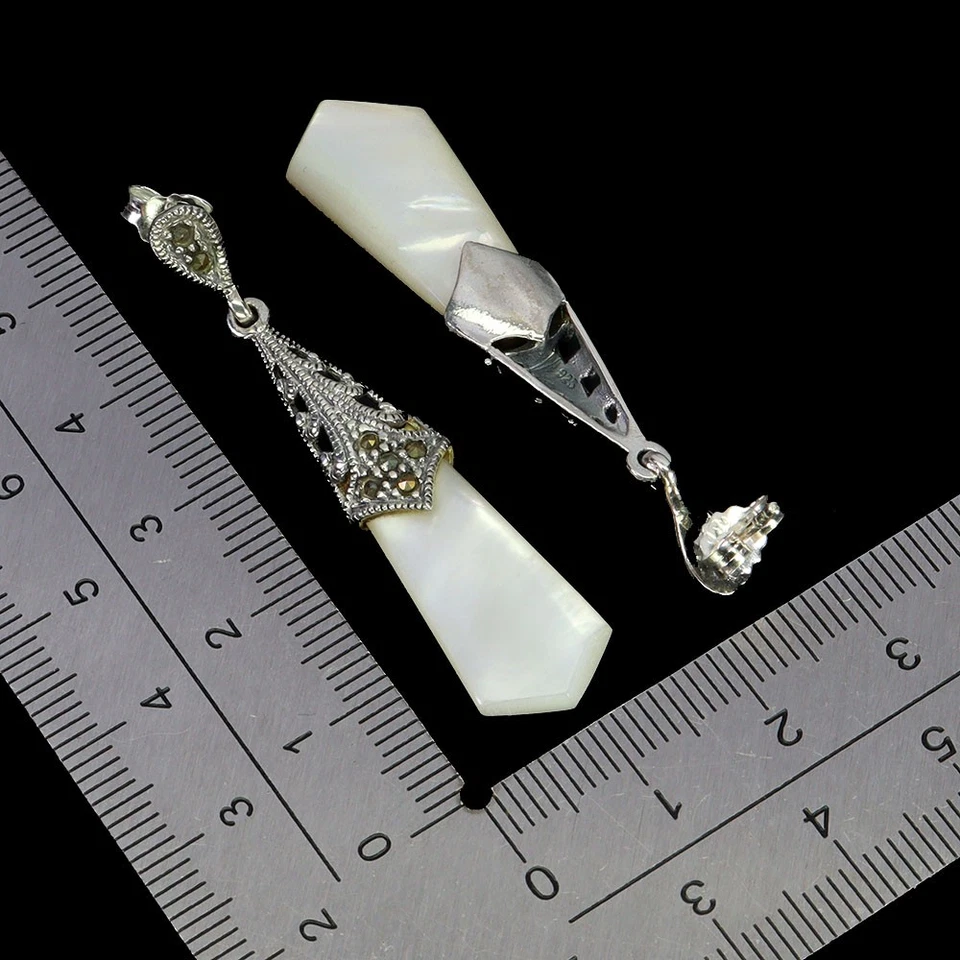 Pendientes De Plata Esterlina 925 Con Madreperla Y Marcasita Joyería Natural - Imagen 3 de 4