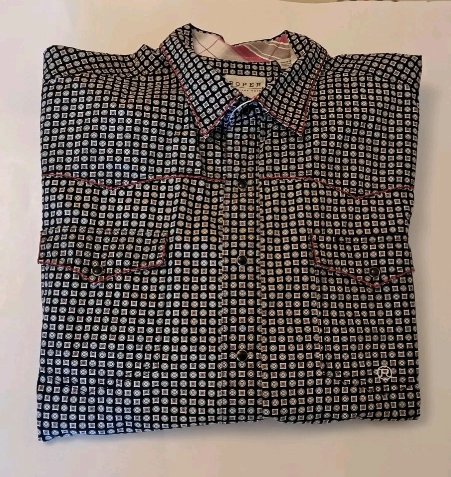 Camisa vaquera de vestir Roper para hombre 2XL manga larga negra roja a presión puntada  Foto 2 de 4