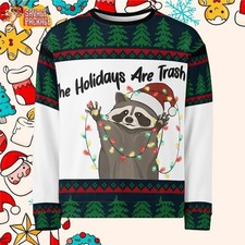 Unisex Raccoon Ugly Christmas Sweater "Holidays Are Trash" Party Jumper New