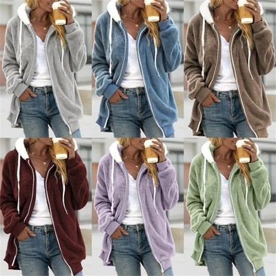 Damen Plüsch Tops Warme Winterjacke Teddyfell Fleecejacken Kapuzen Mantel Coat