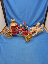 Vintage Cast Iron 2 Horse Drawn Fire Engine Pump Wagon 13 Long w/ Driver