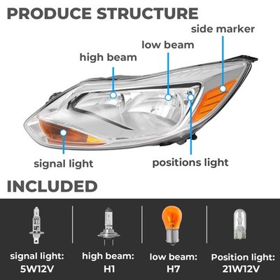 Pair For Ford Focus 2012-2014 Chrome Headlights W/Bulbs Driver & Passenger