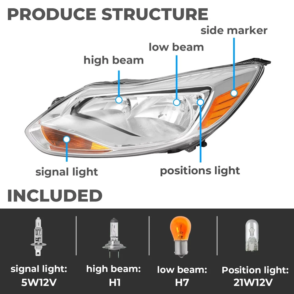 Pair For Ford Focus 2012-2014 Chrome Headlights W/Bulbs Driver & Passenger Foto 2 de 4