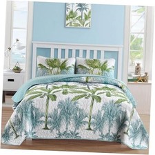 Tropical Plants Quilt Set 3 Pieces Palm Botanical Queen Size Green and Blue
