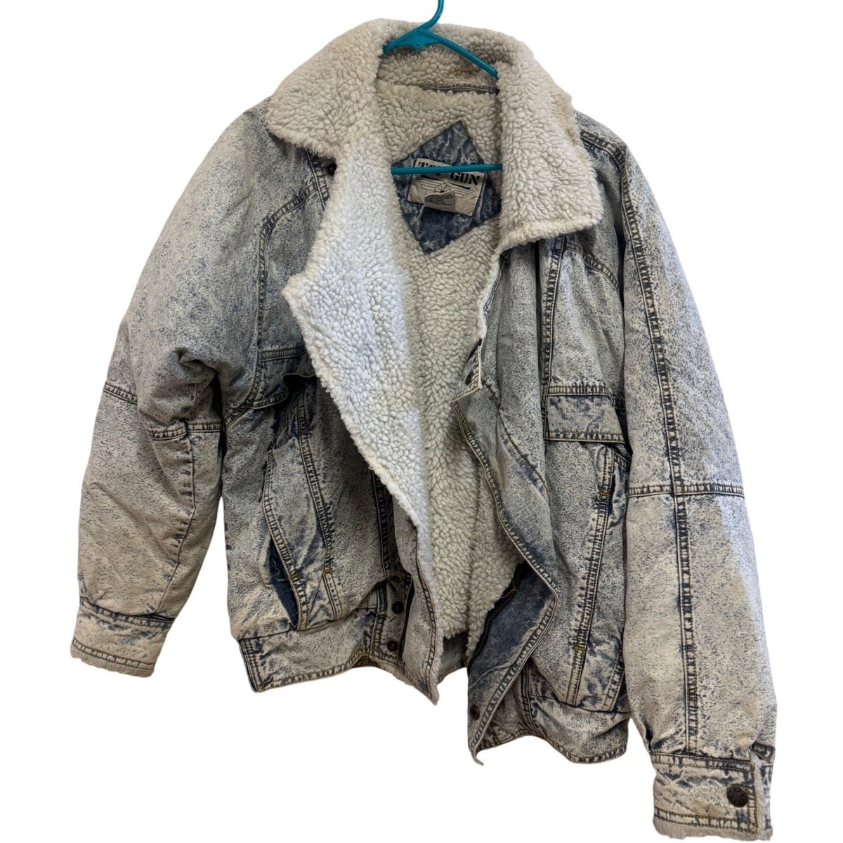 Vintage Top Gun Acid Wash Denim Sherpa Lined Bomber Jacket Mens