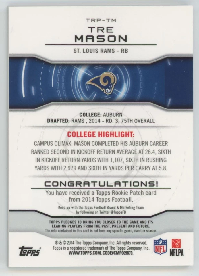 2014 Topps Rookie Patch Tre Mason Rookie St. Louis Rams #TRP-TM - Image 2 of 2