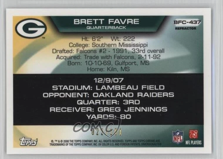 2008 Topps Chrome Collection White Refractor /100 Brett Favre #BFC-437 HOF - Image 2 of 2