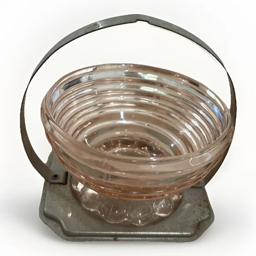 Small Depression Glass Manhattan Pink Ribbed Bowl with Metal Holder Handle
