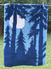 VINTAGE LATCH HOOK BLUE PINE FOREST MOONLIGHT Tapestry RUG WALL HANGING BOHO