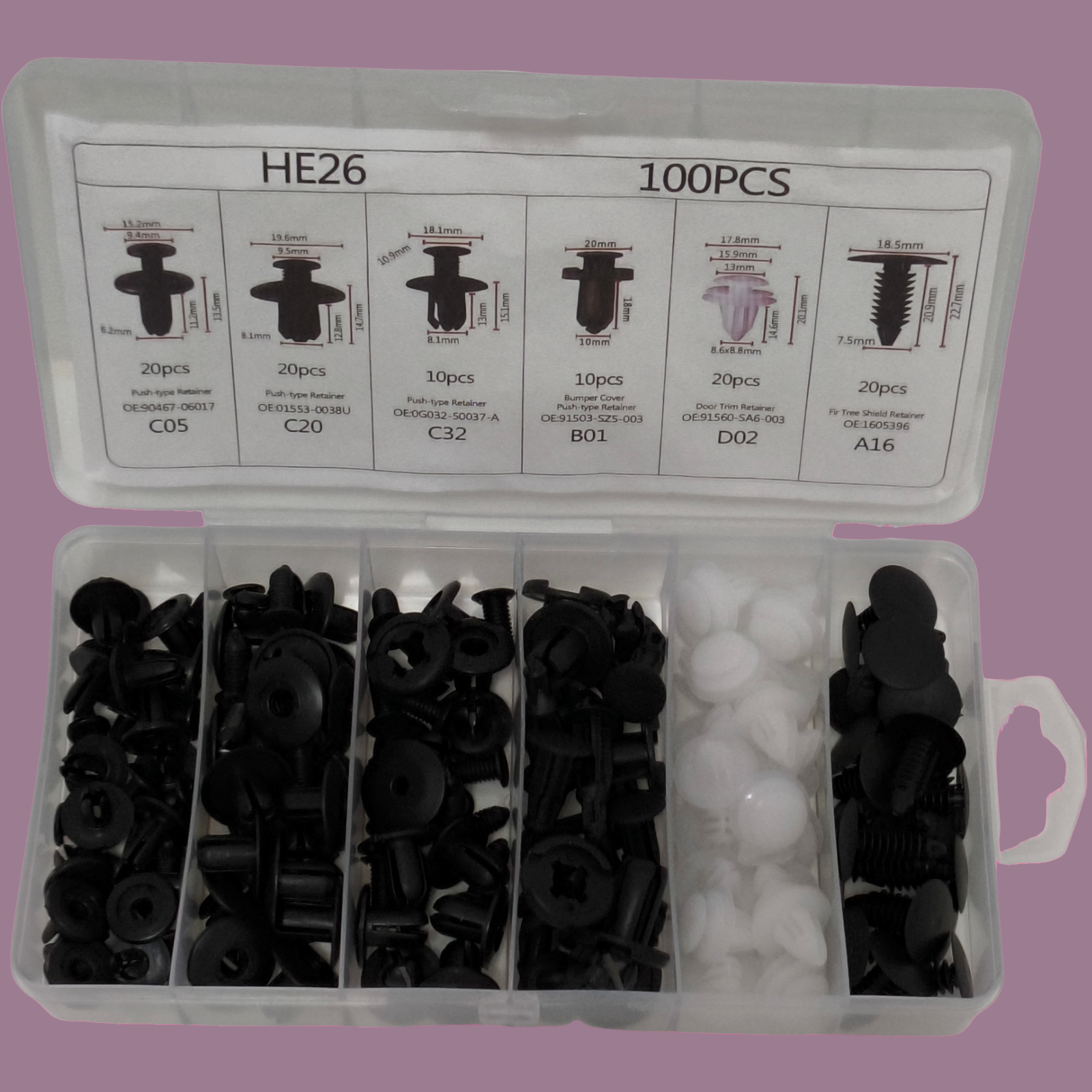 100X Push Type Plastic Car Clip Rivet Fastener Assortment Kit