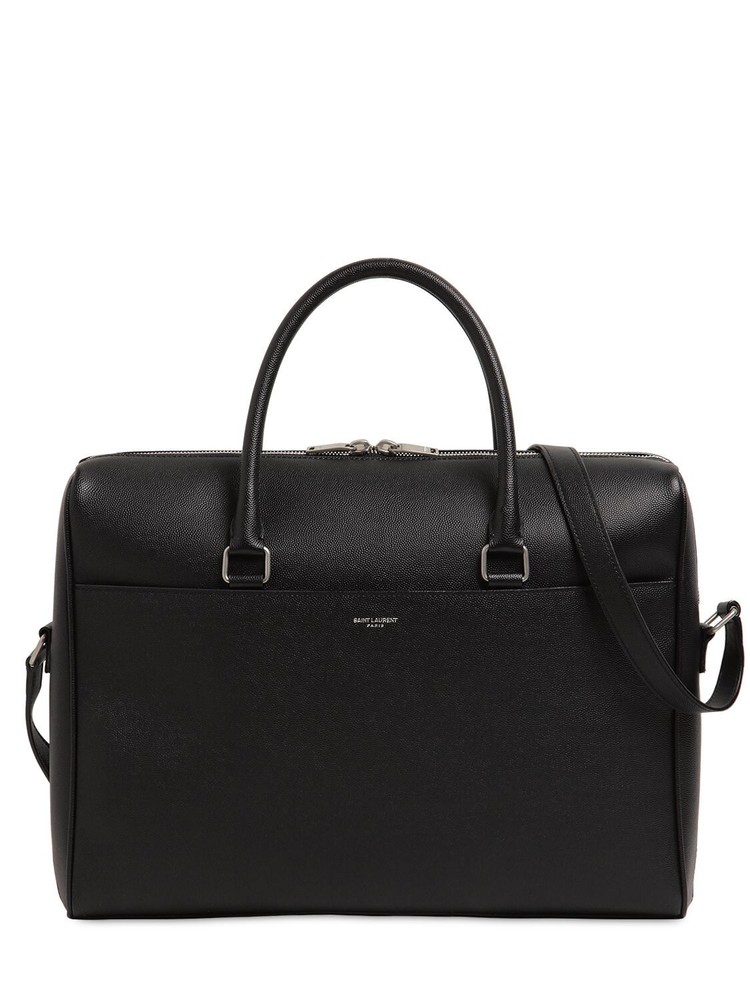 SAINT LAURENT Duffle $1600 Black Grained Leather Briefcase New