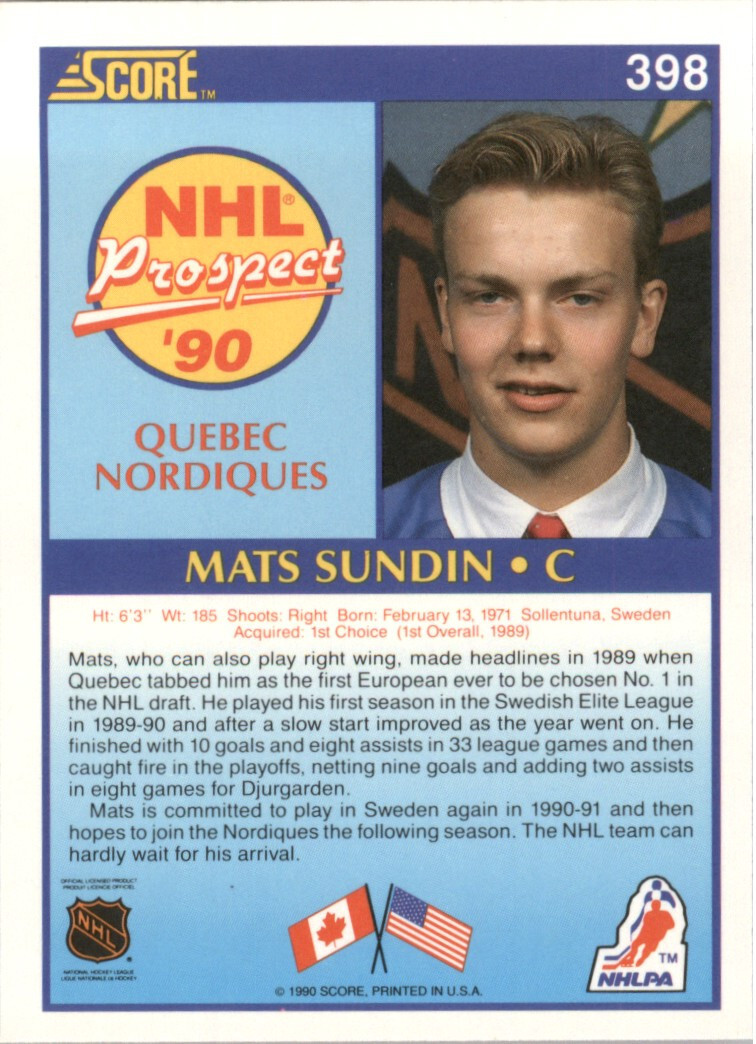 1990-91 Score Mats Sundin RC Quebec Nordiques #398 NHL HOF Hockey