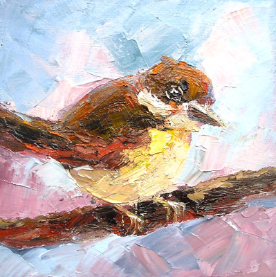 Spatz Vogel Original Ölgemälde Vogel Wandbild Wanddeko Leinwand 6x6 cm