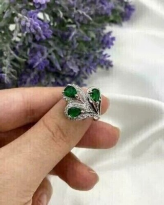 3Ct Pear Cut Lab-Created Green Emerald Women's Ring 14k White Gold Plated Silver
