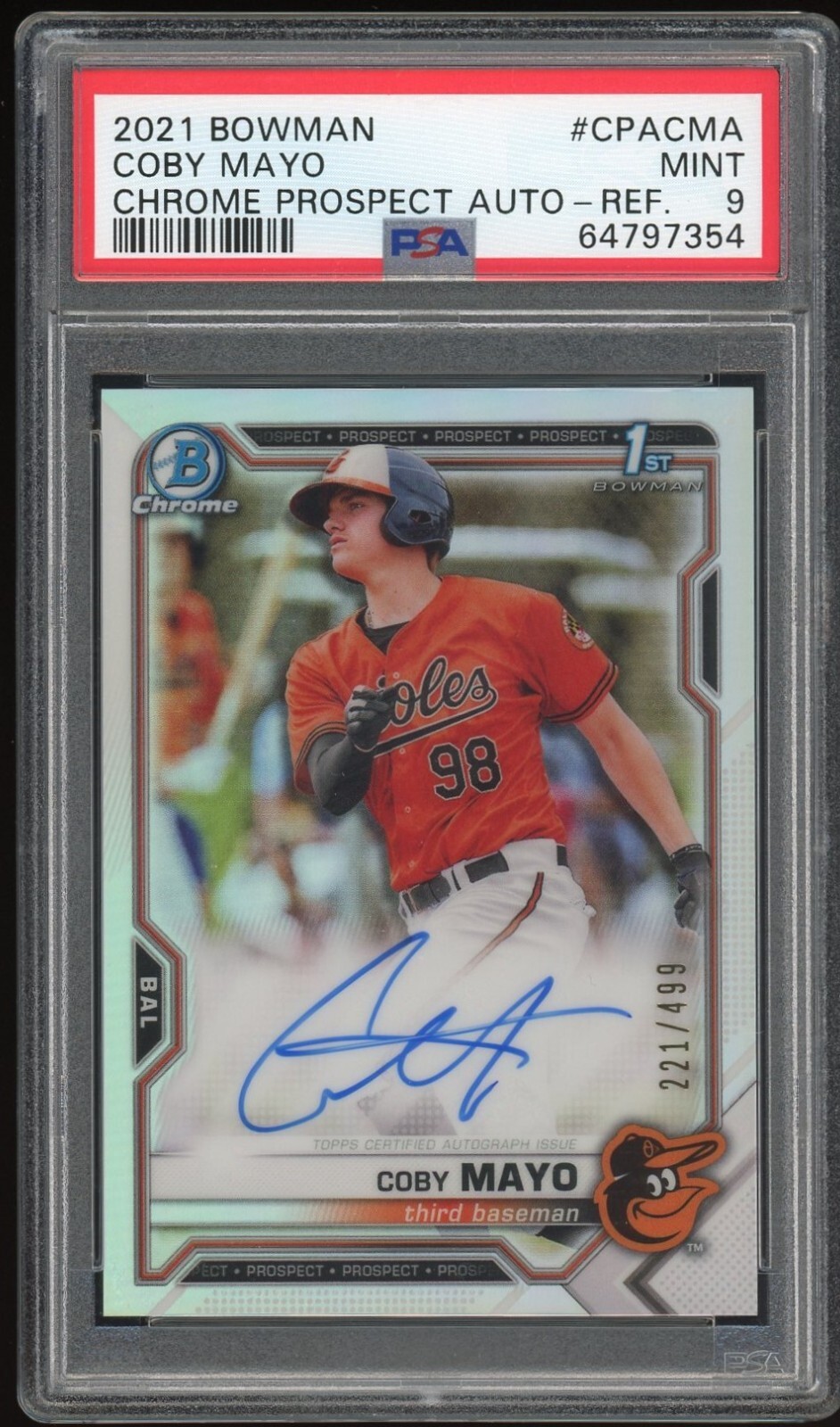 2021 Bowman Chrome Coby Mayo Refractor Auto /499 Rookie #CPACMA RC PSA 9 Orioles
