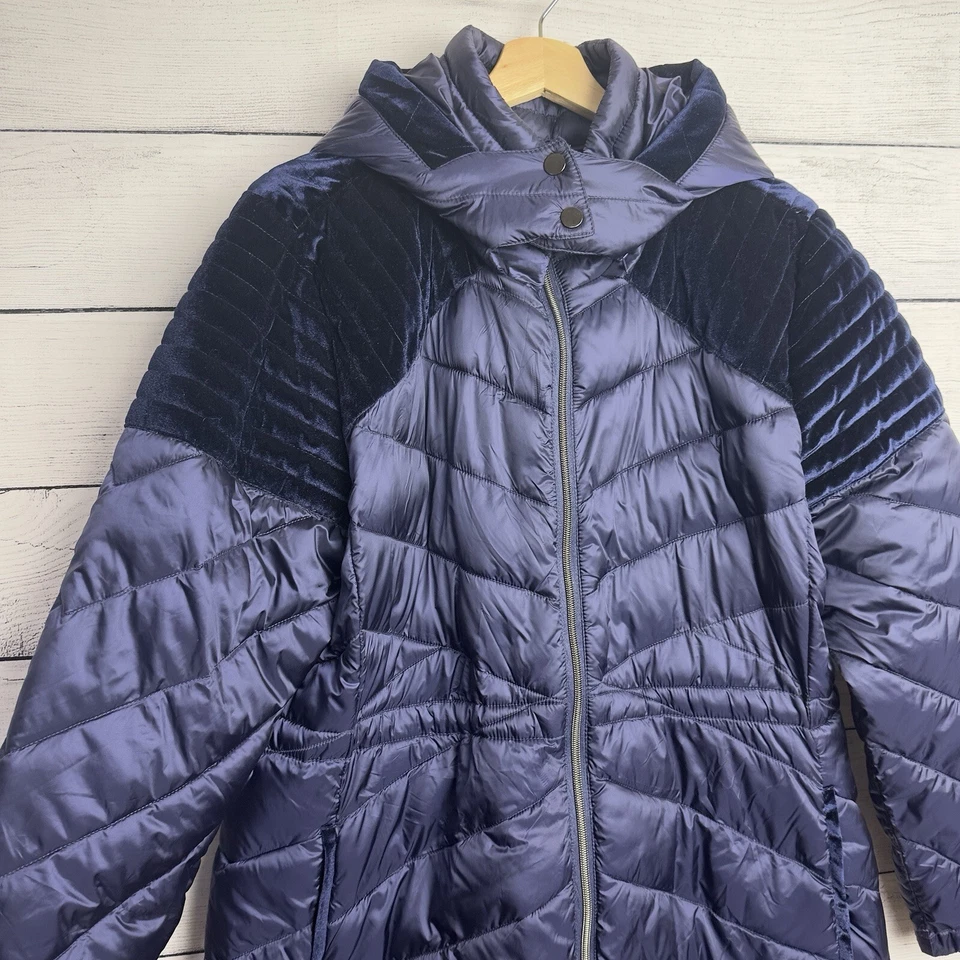 Abrigo Badgley Mischka Mallory Puffer Embalable Azul Terciopelo Acolchado Nylon Talla XL Foto 3 de 4