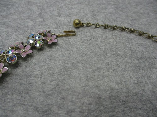 Vtg Kramer Crystal Rhinestone Purple Enamel Flowers Choker Necklace 14" Long - Picture 3 of 8