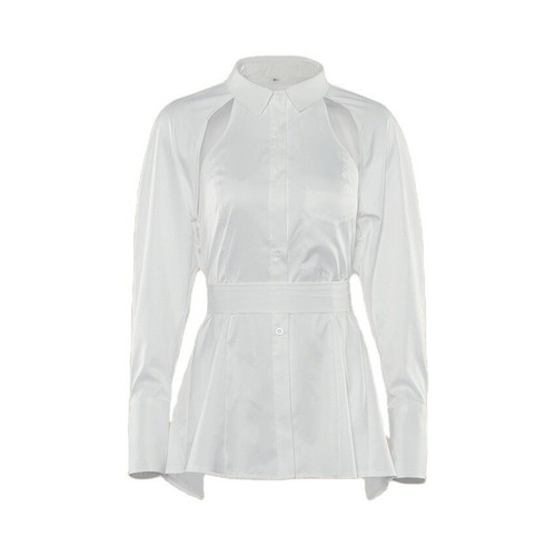 Women's Long Sleeve White Shirt Waistless Open Back Hollow Lace-Up Top - Picture 4 of 17
