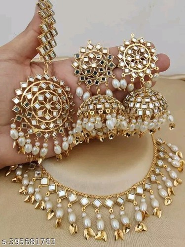 Set gioielli orecchini collana da sposa girocollo Kundan placcato oro indiano Bollywood - Foto 5 di 6