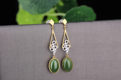 C10 Ohrring Sterling Silber 925 teils vergoldet Dreieck Kreise ovale grüne Jade
