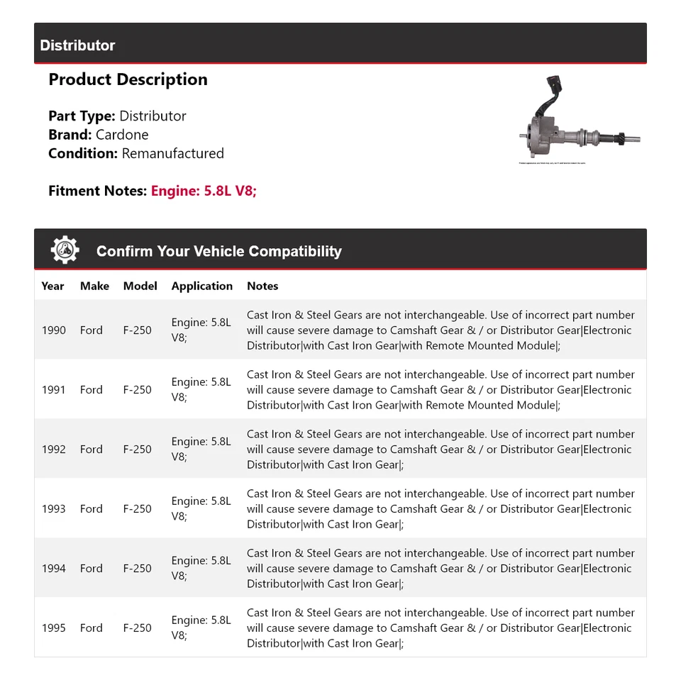 Ford F-250 1990-1995 5,8 L V8 distribuidor Cardone 1991 1992 1993 1994 Foto 2 de 4