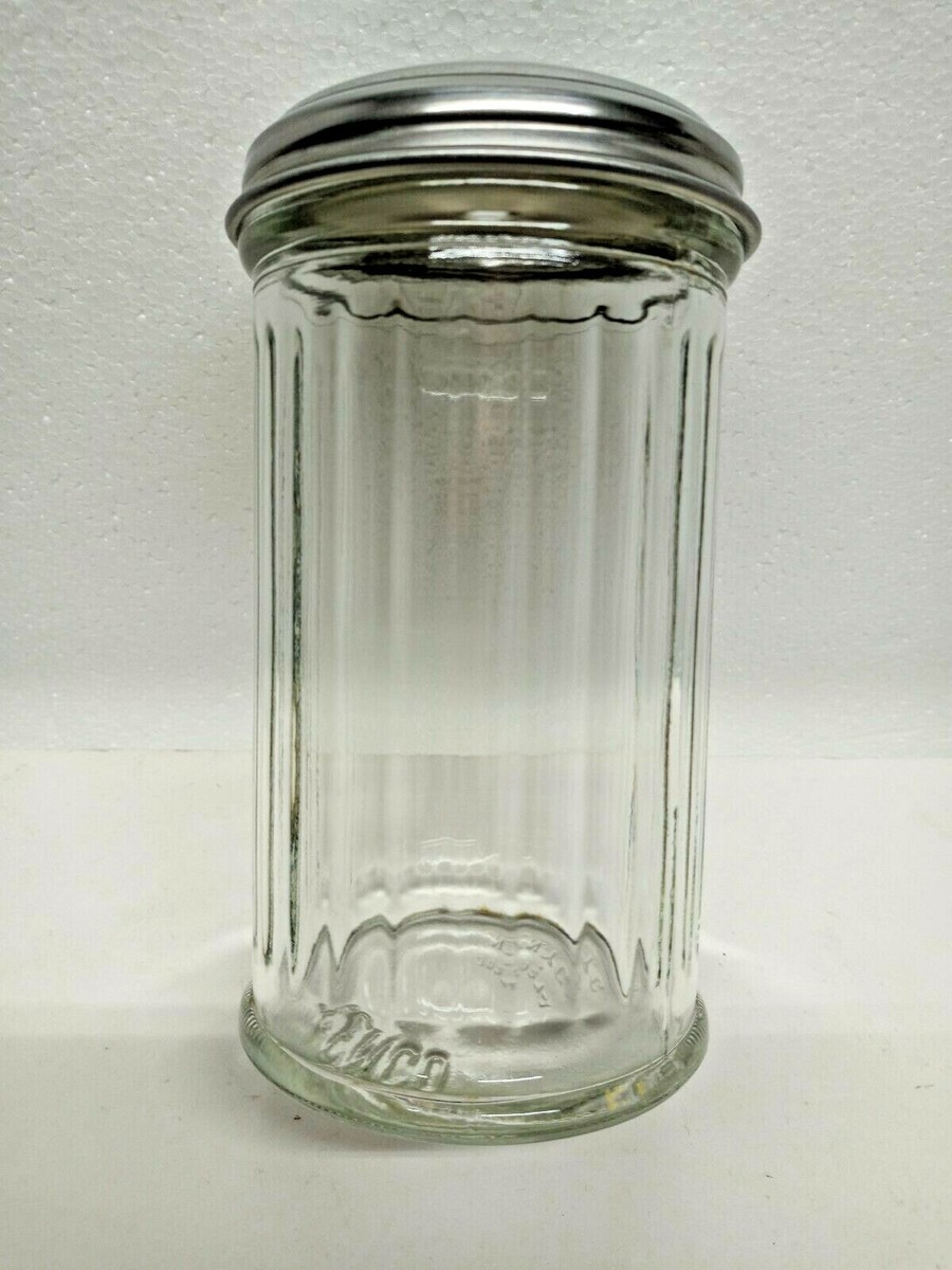 VINTAGE CLEAR GLASS GEMCO RESTAURANT SUGAR DISPENSER JAR WITH CHROME LID NYC