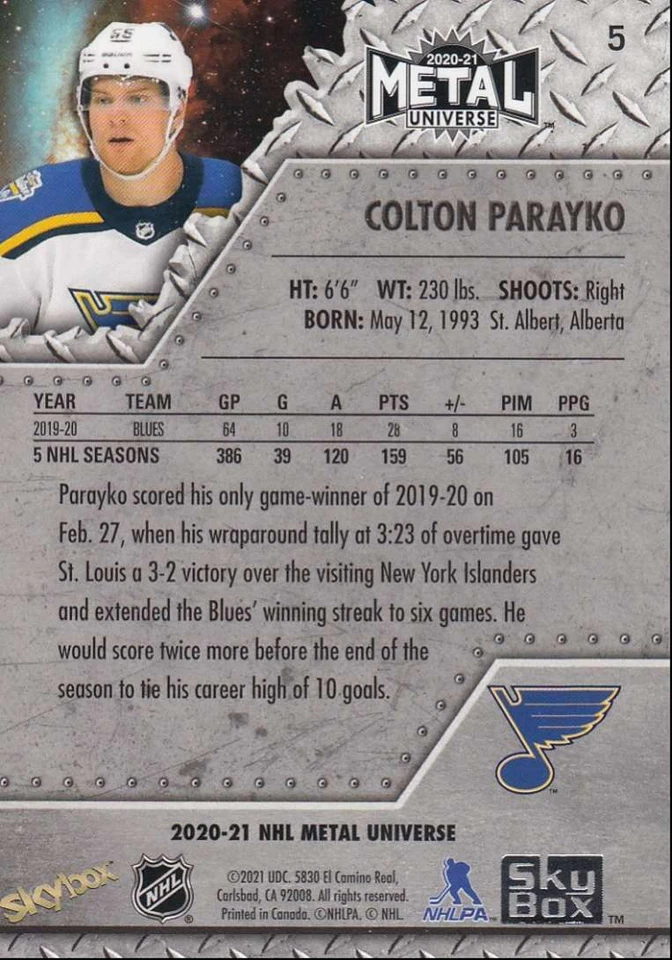 2020-21 Skybox Metal Universe Hockey Colton Parayko St. Louis Blues #5 - Image 2 of 2