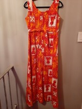 Vintage 1960s Barkcloth Mod Hawaiian HUKILAU Long Maxi Dress Pineapples