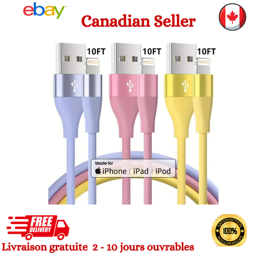 2 x 3 Packs USB Câble Charge rapide iPhone 14 13 12 11 Pro Max12 Mini XR XS 3M