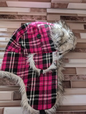 Trapper Hat Womens Pink Black Plaid Faux Fur Lining One Size